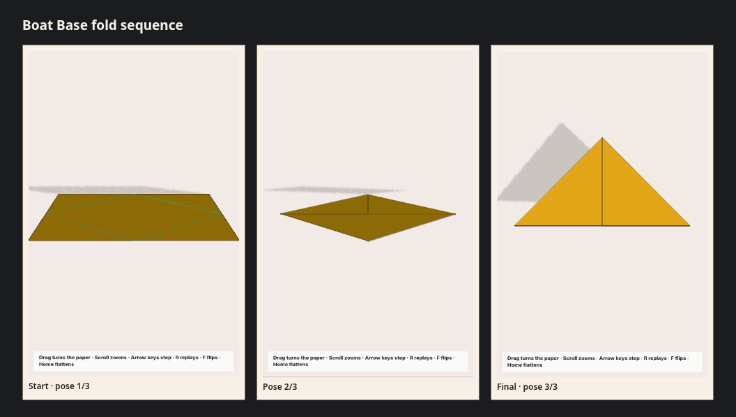 Boat Base fold sequence strip: 3 canonical poses from the flat sheet to the finished model.