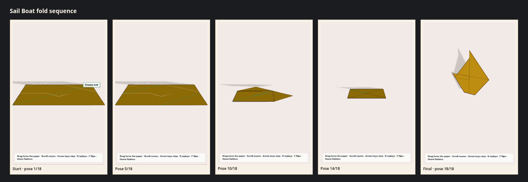 Sail Boat fold sequence strip: 5 canonical poses from the flat sheet to the finished model.