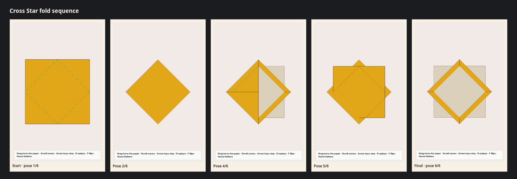 Cross Star fold sequence strip: 5 canonical poses from the flat sheet to the finished model.