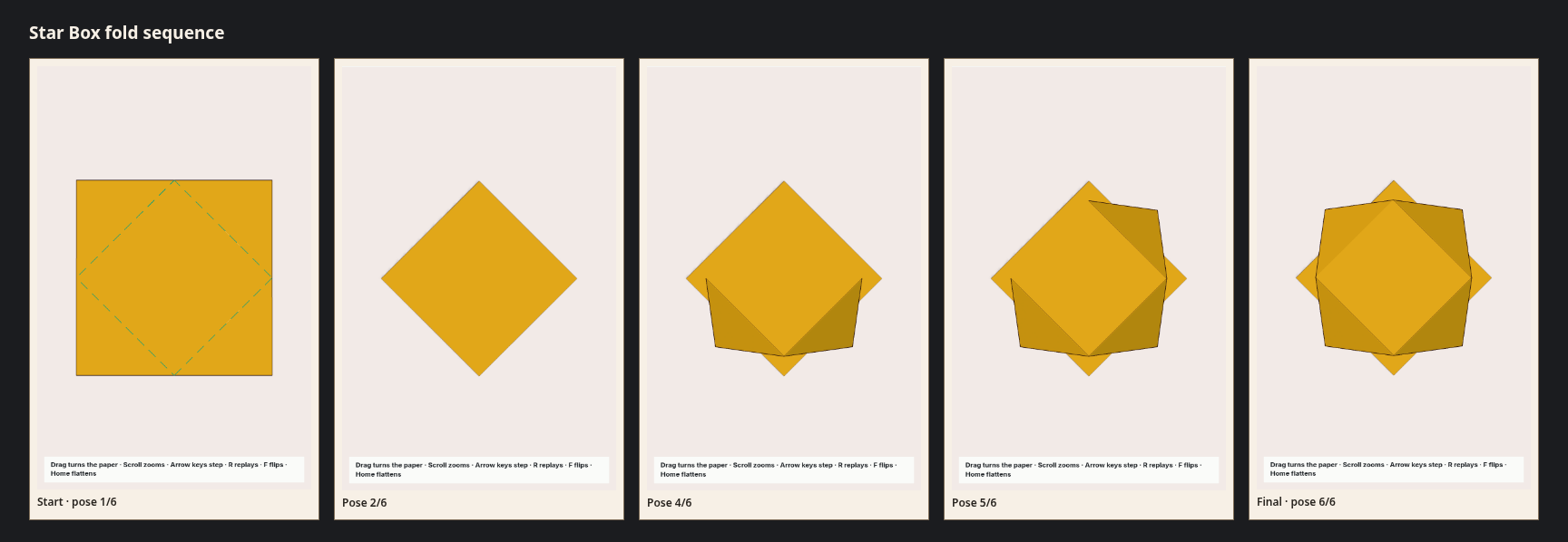 Star Box fold sequence strip: 5 canonical poses from the flat sheet to the finished model.