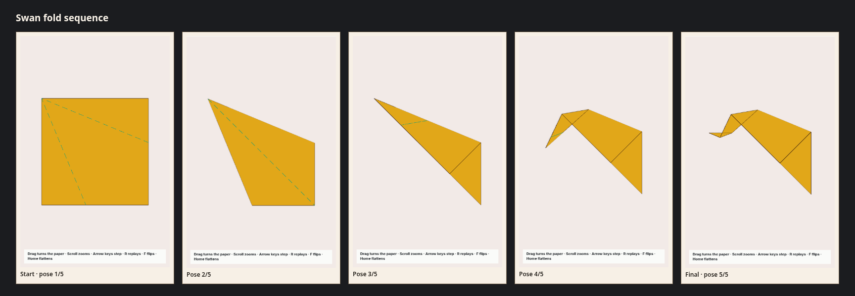 Swan fold sequence strip: 5 canonical poses from the flat sheet to the finished model.