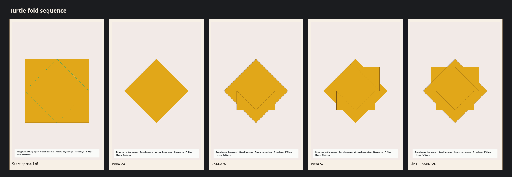 Turtle fold sequence strip: 5 canonical poses from the flat sheet to the finished model.